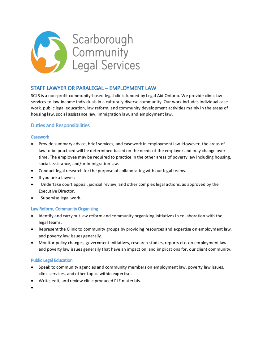 Job Posting: Staff Lawyer or Paralegal – Employment Law 